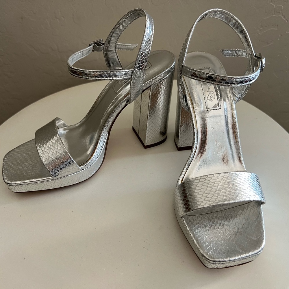 Lulus Silver Platform Block Heel Ankle Strap Sandals